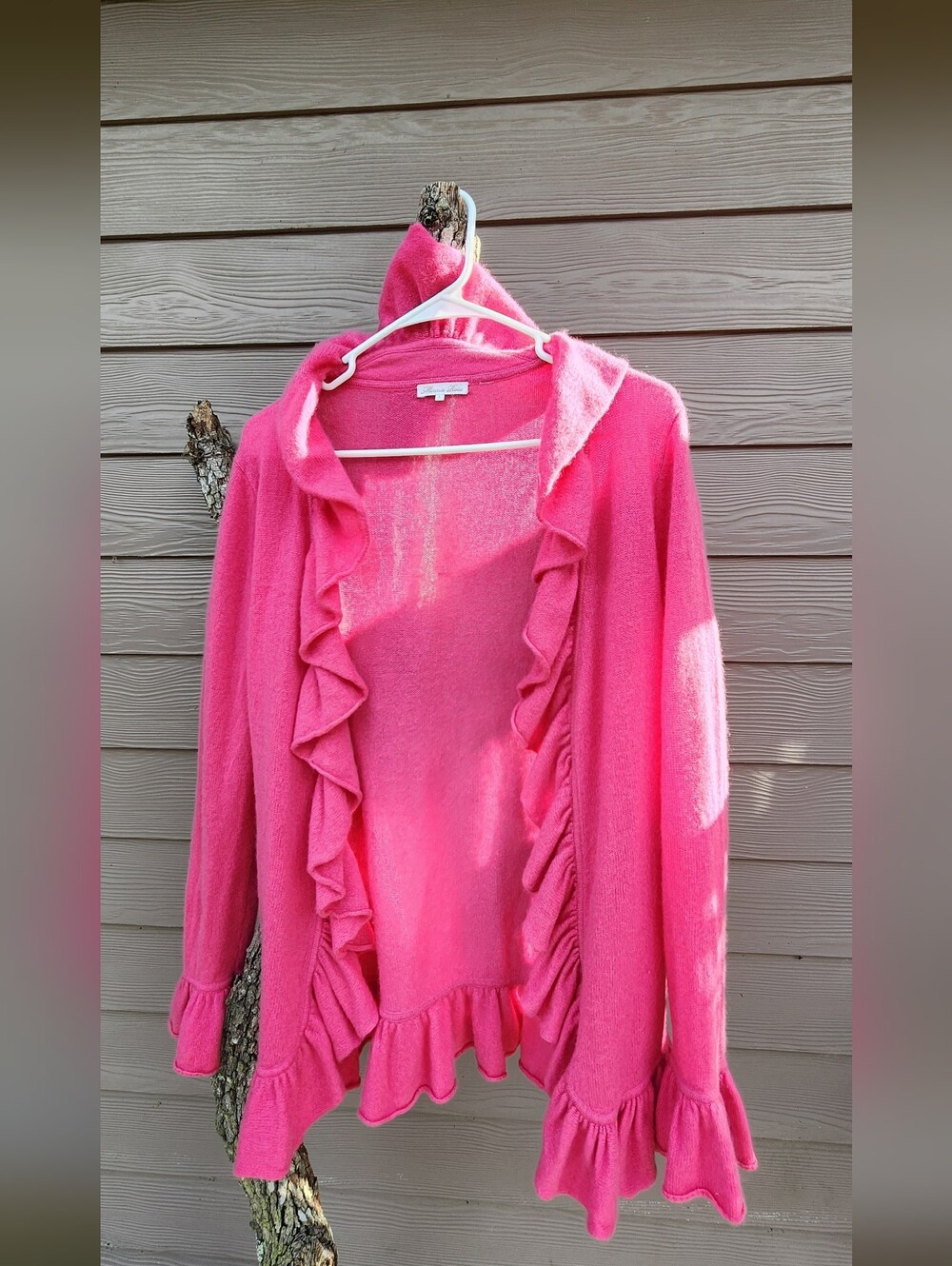 Minnie Rose 100% Cashmere Pink Ruffle Open-Front Cardigan